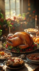 Thanksgiving feast with turkey and family gathered around