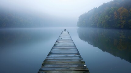 Fototapeta premium Serene wooden path leading to a tranquil lake nature landscape for minimalist wallpaper