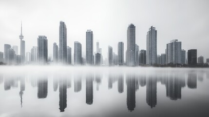 Obraz premium Urban skyline reflected in calm water with misty atmosphere