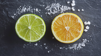 Half a lime and lemon, cut side up, sit on cool gray slate. The bright green and yellow contrast with coarse salt, creating a fresh, balanced scene that highlights natural textures and vibrant colors.