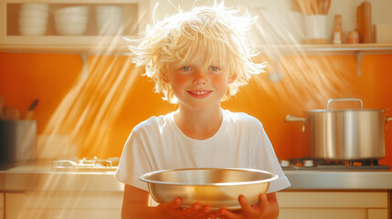 Boy with blond hair smiles while holding a bowl in kitchen