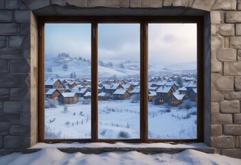 Frost-covered windowpane with a snowy village outside, snowy village, icy glass