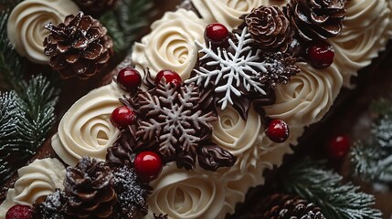 A beautifully crafted Yule log cake decorated with swirls of creamy chocolate frosting, fondant snowflakes, and sugared cranberries, surrounded by pinecones and evergreen sprigs,