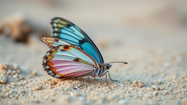 Butterfly prepona laerte resting gracefully on the sandy shore of a beach, macro, sand, tropical