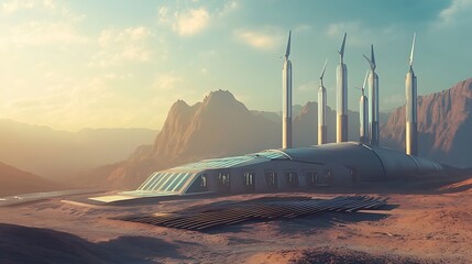 Futuristic Desert Outpost With Wind Turbines