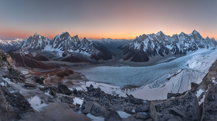 Sunset Panorama of Ama Dablam Summit with Snowy Peaks in the Himalayas, Nepal
