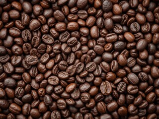 Fototapeta premium Close up of coffee beans focused on a small bean in the center, roasted, texture, background