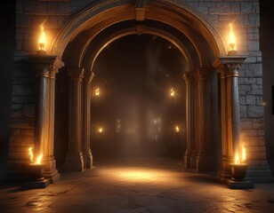 Majestic archway with golden lighting and flickering torches , torches, majestic, archway