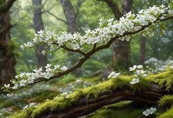 Fototapeta premium Moss-covered tree limbs bearing white flowers, tree blossoms, white blossoms, floral displays