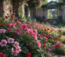 Overgrown pink and red flower blooms in an abandoned English garden, foliage, flora