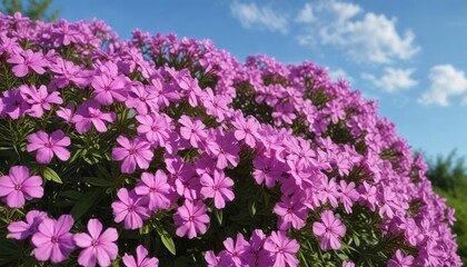 Obraz premium Phlox bush in full bloom against a blue summer sky, garden scenery, garden view