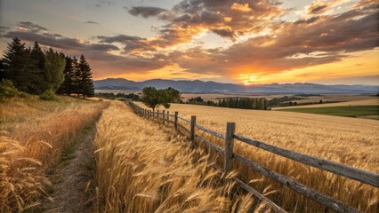 Fototapeta premium A breathtaking image of a golden wheat field swaying in the breeze at twilight. The setting sun paints the scene in shades of amber and orange, creating a warm, inviting atmosphere