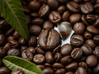 Fototapeta premium Close up shot of coffee beans with a single bean in the center, espresso, seed, coffee beans