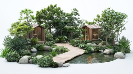 Obraz premium Serene Garden Retreat with Wooden Cabins Surrounded by Lush Greenery and Tranquil Waters