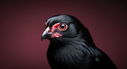 Fototapeta premium Striking portrait of a black bird against a contrasting deep red background