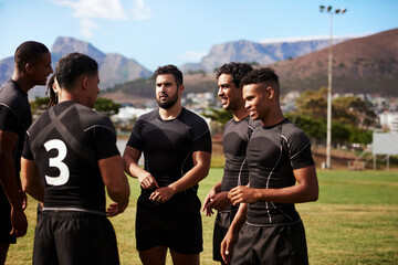 Men, rugby and group planning outdoor for strategy, game or training discussion. Sports, athlete...