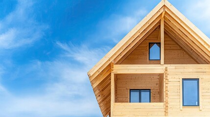New wooden house construction features a robust roof beam structure set against a bright blue sky. This ongoing timber frame project offers plenty of space for design ideas or messages