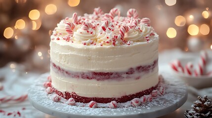 A decadent Peppermint Bliss cake with layers of white and red swirled frosting, topped with crushed candy canes and peppermint swirls, surrounded by powdered sugar snow,
