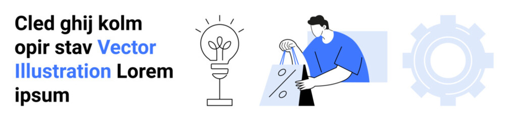 Lightbulb with plant symbolizing innovation, person holding a shopping bag, abstract gear. Ideal for startup, e-commerce, technology, innovation, business marketing digital transformation. Landing