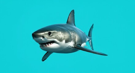 Obraz premium Great white shark swimming in clear turquoise ocean water