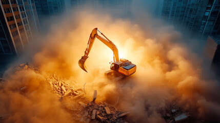 Excavator demolishes building amidst clouds of dust