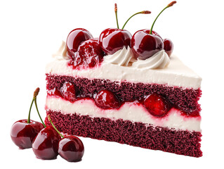 A slice of red velvet cake adorned with cherries and cream, showcasing rich layers of moist cake and frosting on transparent background.