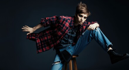Fototapeta premium Edgy Teenager in Plaid Shirt and Ripped Jeans