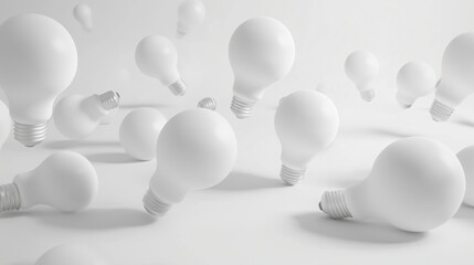 A scattering of white light bulbs across a smooth white surface, some rolling, others upright, creating a sense of movement and untapped potential for innovative thinking.