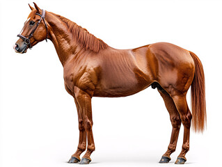 Naklejka premium a brown horse standing against a white background. The horse is wearing a bridle and has a shiny coat.