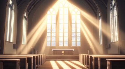 Obraz premium A serene church interior with sunlight streaming through stained glass windows.