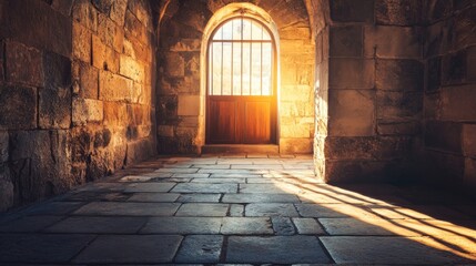 Fototapeta premium Stone hallway, arched doorway, sunlight, wooden door.