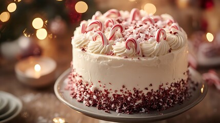 A luxurious peppermint cake with intricate piping, topped with crushed candy canes, white chocolate shards, and a frosty glaze,