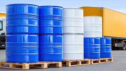 Large white chemical barrels are stacked on wooden pallets alongside blue barrels, with a truck trailer parked nearby