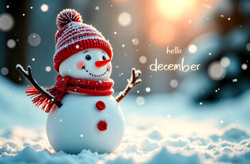 Fototapeta premium A snowman with a hat and scarf that says 