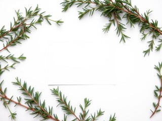 Fototapeta premium Fresh rosemary herbs bordering a blank white space for copy in the center of the card, aromatic, green, culinary