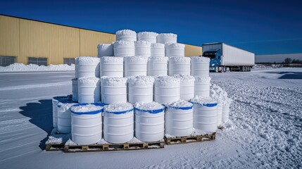 Large white chemical barrels are stacked on pallets with blue basins in front of a yellow building and a truck trailer on a bright winter day with a clear blue sky