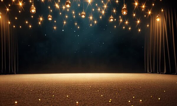 Award party stage golden glitter animation. stars lights particles. Luxury light streak. Particle, luxury awards ceremony background, Oscar 4K 3D spot flashing party stage new year, event, Christmas