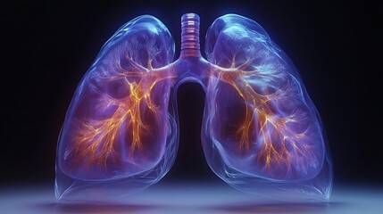 Transparent 3D digital model of human lungs showing detailed anatomy