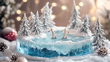 A magical winter-themed cake with a reflective blue ice-like surface, miniature fondant skaters, and powdered sugar simulating fresh snow, surrounded by frosted pine trees and silver accents,