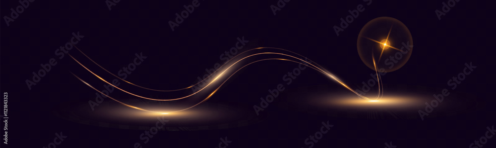 Poster abstract glowing golden wave with light trails, sparkles, and smooth curves on dark background. idea
