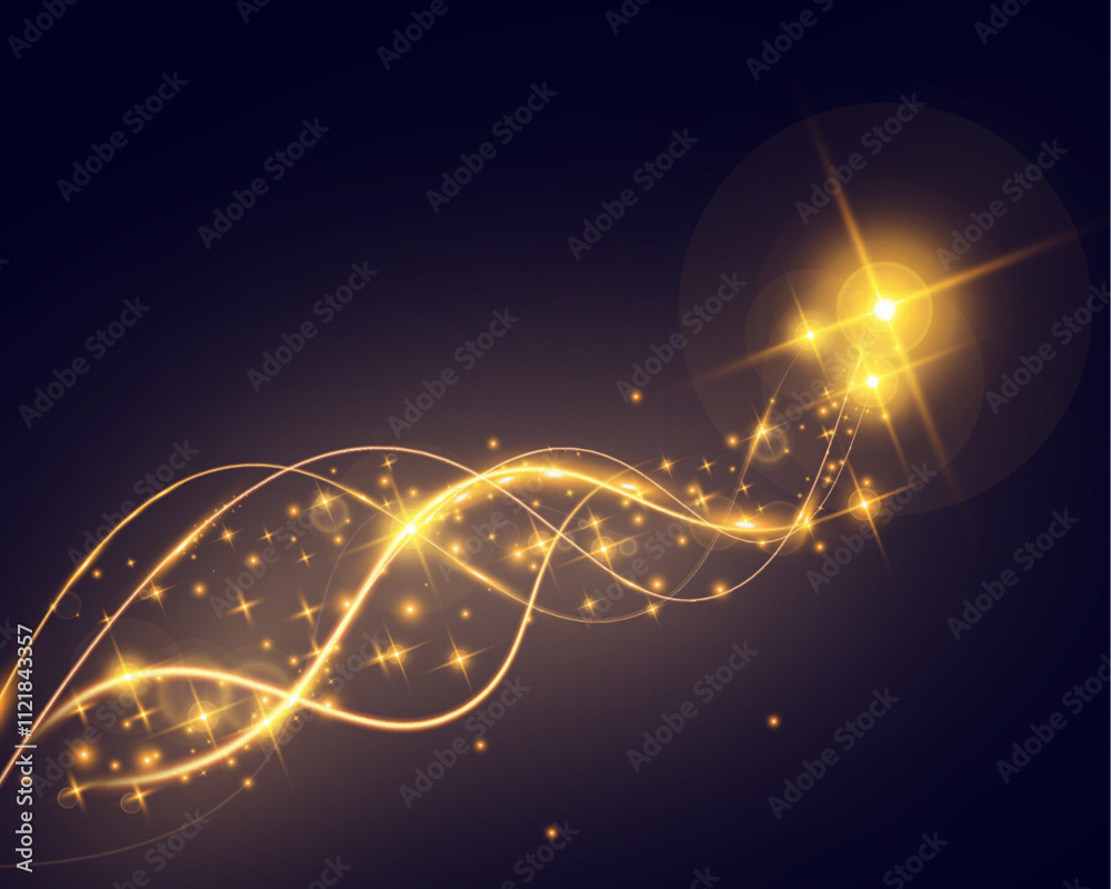 Poster abstract glowing golden wave with light trails, sparkles, and smooth curves on dark background. idea