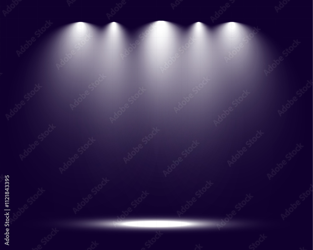 Poster empty spotlight stage with dark gradient background and bright beams of light illuminating the cente