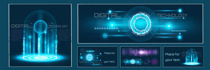 Fototapeta premium Futuristic digital technology banner set featuring holographic elements, glowing blue interfaces, HUD graphics, binary code, and abstract tech visuals. Suitable for innovation, AI, cybersecurity.