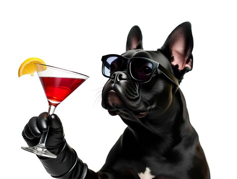 drunk black dog drinking a cocktail, brown puppy pet celebrate anniversary or birthday with sunglasses in funny sweet holiday vintage hawaii luxury New Year's Eve for hawaiian nightlife