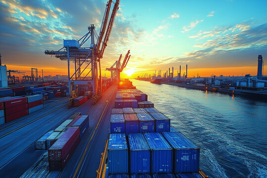 Industrial port at sunset with cranes and shipping containers lining the waterway, showcasing vibrant colors and bustling activity