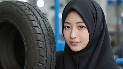 Confident Muslim Woman Engineer in Tire Factory