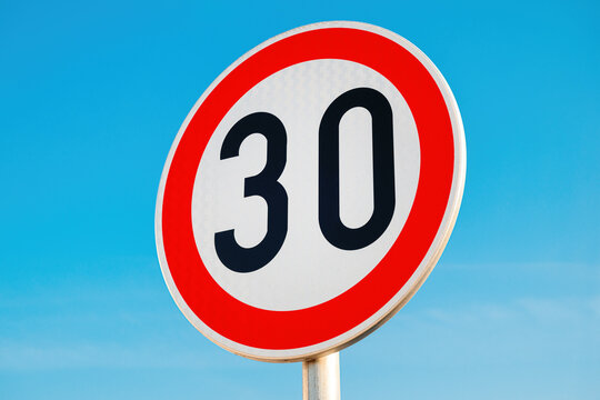Speed limit traffic sign for thirty kilometers per hour limitation