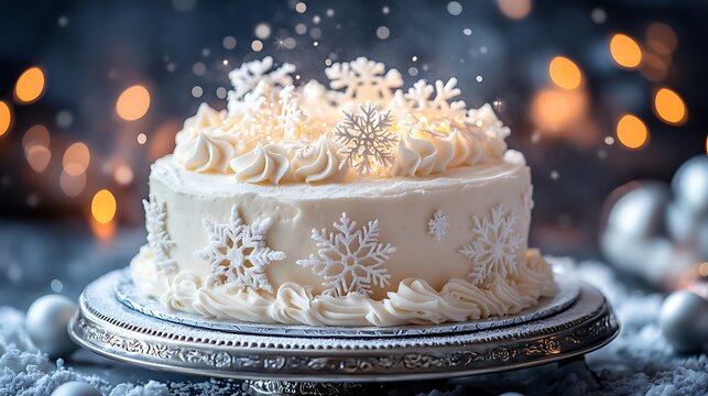 A Snowy Wonderland cake covered in smooth white frosting, adorned with intricate sugar snowflakes, shimmering edible glitter, and a dusting of powdered sugar snow,