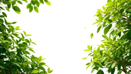 Obraz premium Greenery leaves swirling around a central copy space on a nature background in an AI generative design, middle frame, flying, isolated