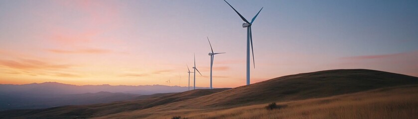 Obraz premium Towering wind turbines on a grassy hillside during golden hour.